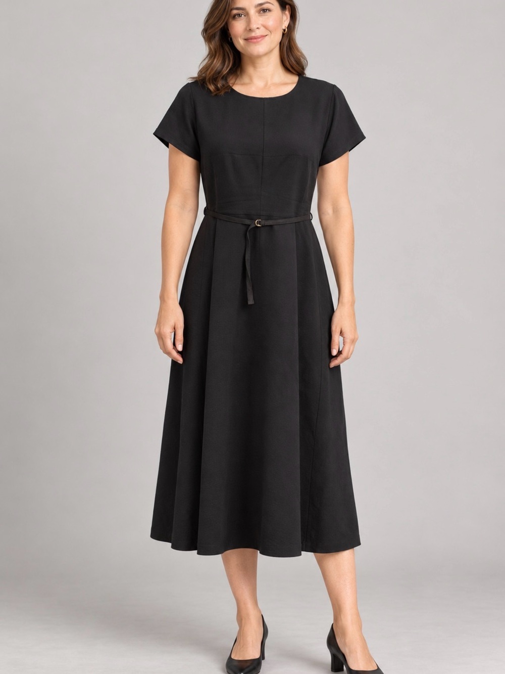 J. Crew Black Short-Sleeve Midi Dress with Slim Tie Belt